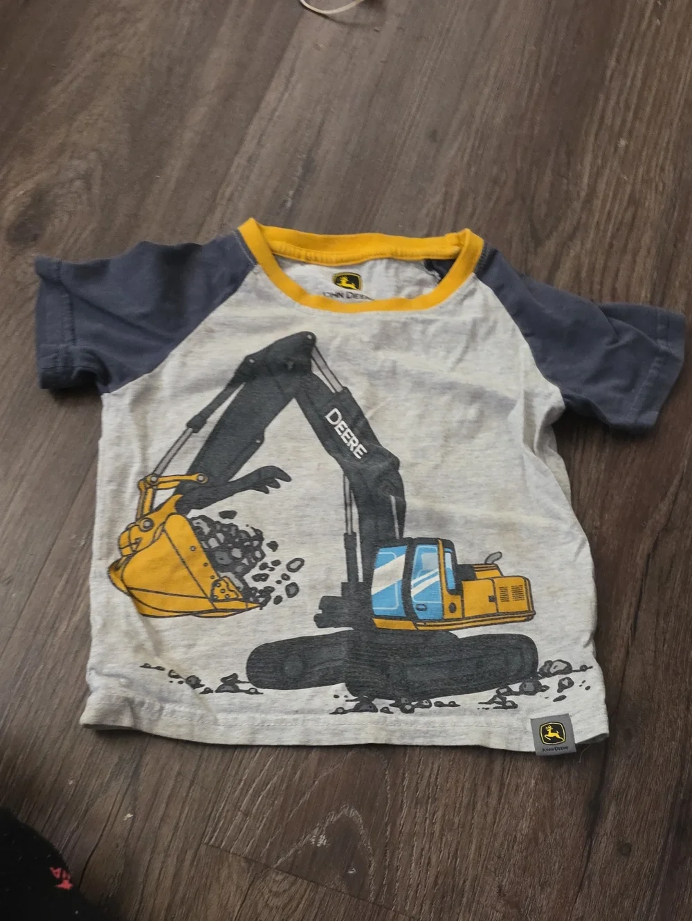John Deere Gray Tee with Yellow Excavator Graphic and Navy Sleeves